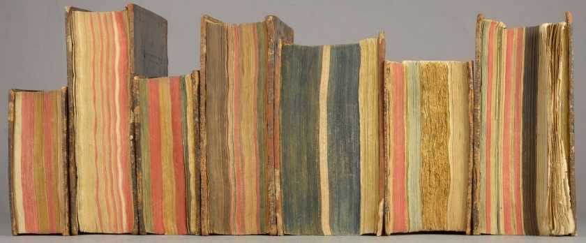 A selection of Crouch bindings displayed fore edge out, as they were probably intended to be (Photograph by Nikki Tomkins)