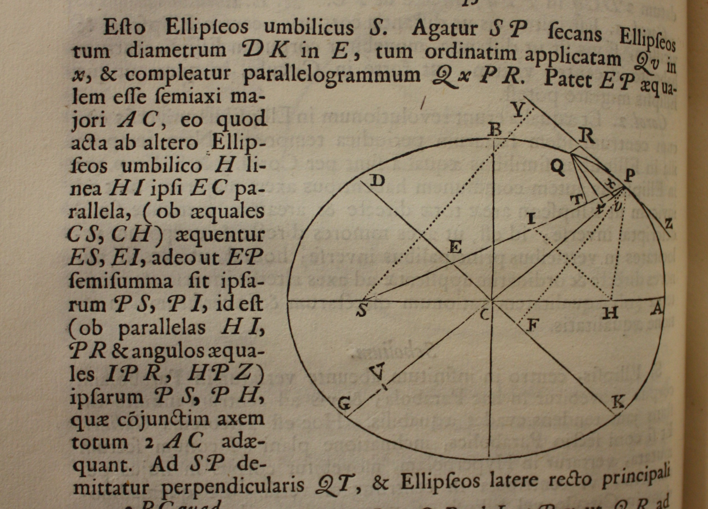 Cropped image of an elipsis surrounded by Latin text, from Newton's Principia Matematica