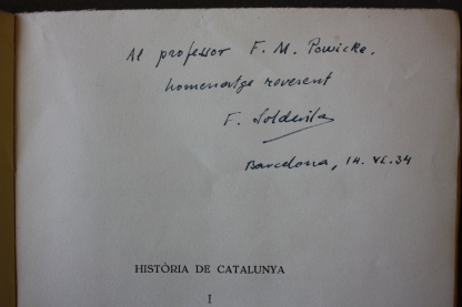 dedication by Ferran de Soldevila to F.M. Powicke on title page of Historia de Catalunya, volume 1