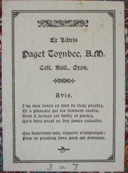 Paget Toynbee's bookplate, in Latin and French